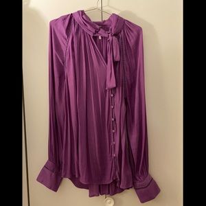 Free People Asymmetrical Button Pussy Bow Blouse